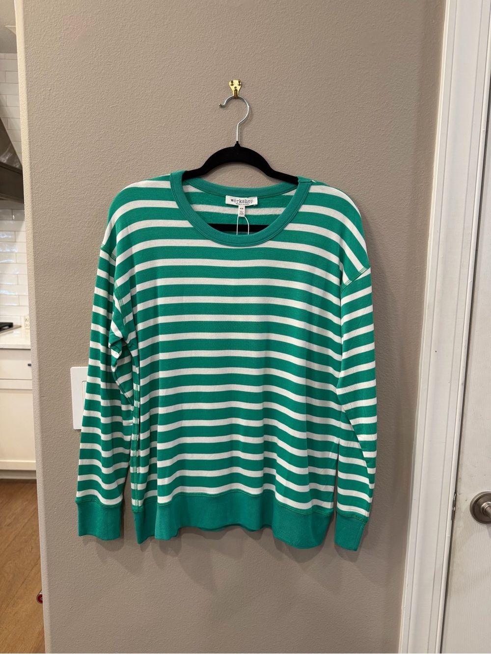 Workshop Republic Clothing Striped Crewneck Top in Green and White - NWT Size M